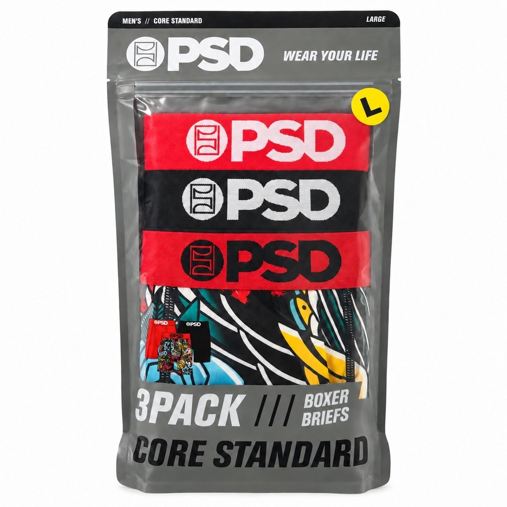 PSD Underwear Mens Core Standard 3 Pack Boxer Briefs Eagle Floral Red Black L